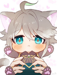 Rule 34 | 1boy, 1other, ahoge, alhaitham (genshin impact), animal ear fluff, animal ears, animal hands, animalization, arms up, artist name, asymmetrical sidelocks, black shirt, blue eyes, blue pants, blush, cat ears, cat paws, cat tail, chest jewel, chibi, colored inner hair, fingernails, gem, genshin impact, green gemstone, green hair, grey hair, hair between eyes, heart, highres, holding, jewelry, lifting person, looking at viewer, medium bangs, multicolored hair, out of frame, pants, parted bangs, paw print, ring, shirt, short hair, sidelocks, solo focus, streaked hair, symbol-shaped pupils, tail, triangle mouth, two-tone hair, white background, yellow trim, yuuzatta