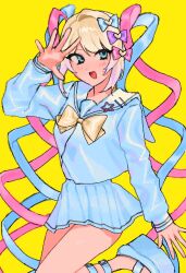 Rule 34 | 1girl, :d, blonde hair, blue bow, blue eyes, blue footwear, blue hair, blue serafuku, blue shirt, blue skirt, bow, chouzetsusaikawa tenshi-chan, commentary, hair bow, hand up, heart, highres, long hair, long sleeves, looking at viewer, multicolored hair, multiple hair bows, needy girl overdose, open hand, open mouth, pink bow, pink hair, platform footwear, pleated skirt, purple bow, quad tails, sailor collar, school uniform, serafuku, shirt, shoes, simple background, skirt, smile, solo, standing, standing on one leg, symbol-only commentary, very long hair, yellow background, yellow bow, yumeno (yume0601)