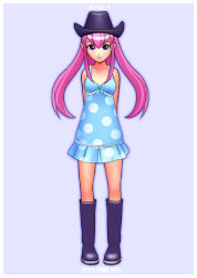 Rule 34 | 1girl, blue background, boots, dress, female focus, full body, hat, long hair, purple hair, ryu (ryu&#039;s form site), simple background, solo