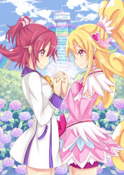 Rule 34 | 2girls, aida mana, bad id, bike shorts, blonde hair, blue sailor collar, bow, brooch, bush, choker, cure heart, curly hair, detached sleeves, dokidoki! precure, dress, dual persona, earrings, eye contact, flipped hair, flower, fountain, hair bow, half updo, heart, heart brooch, holding hands, hydrangea, icywood, interlocked fingers, jewelry, long hair, looking at another, multiple girls, pink bow, ponytail, precure, profile, purple eyes, rainbow, red eyes, red hair, sailor collar, school uniform, short hair, skirt, smile, sparkle, tower, very long hair