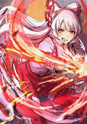 Rule 34 | 1girl, absurdly long hair, blurry, blurry background, bow, clenched teeth, commentary request, depth of field, ekisutora, embers, fire, floating hair, foot out of frame, fujiwara no mokou, hair bow, hair ribbon, highres, light particles, long hair, ofuda, ofuda on clothes, one-hour drawing challenge, pants, pyrokinesis, red bow, red pants, ribbon, serious, shirt, simple background, solo, suspenders, teeth, touhou, tress ribbon, v-shaped eyebrows, very long hair, white bow, white shirt