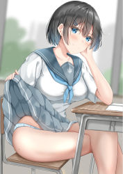 Rule 34 | 1girl, blue eyes, blue neckerchief, blurry, blurry background, blush, breasts, cheek rest, clothes lift, collarbone, crossed legs, day, desk, emblem, flashing, hair ornament, hairclip, hands up, head rest, highres, indoors, lifted by self, looking at viewer, medium breasts, mole, mole under eye, neckerchief, original, panties, pleated skirt, sailor collar, school desk, school uniform, shirt, short hair, short sleeves, sitting, skirt, skirt lift, smile, solo, striped clothes, striped panties, sunsun2812, thighs, underwear, uniform, white shirt, window