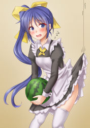 Rule 34 | 1girl, alternate costume, anti (untea9), apron, blue eyes, blue hair, blush, bow, clothes lift, cowboy shot, dress, dress lift, enmaided, food, fruit, highres, holding, holding food, holding fruit, itou noemi, long hair, looking at viewer, maid, maid apron, maid headdress, puffy sleeves, side ponytail, solo, thighhighs, watermelon, white thighhighs, with you, yellow bow