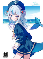 Rule 34 | 1girl, absurdres, alternate costume, anchor symbol, blue eyes, blue hair, blue serafuku, blue skirt, blue sky, blunt bangs, blush, buttons, character name, clothes lift, cloud, commentary request, cowboy shot, day, dot nose, fins, fish tail, from side, gawr gura, grin, hair ornament, headdress, highres, hololive, hololive english, ichijo rei, long sleeves, looking at viewer, medium hair, multicolored hair, neckerchief, ocean, outdoors, outside border, pleated skirt, sailor collar, school uniform, serafuku, shark girl, shark hair ornament, shark tail, shore, sidelocks, signature, simple background, skirt, skirt lift, sky, smile, solo, standing, streaked hair, tail, teeth, two side up, virtual youtuber, white background, white hair, yellow neckerchief