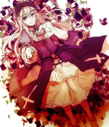 Rule 34 | 1girl, choker, cross, dress, gothic lolita, grin, hairband, hand on own chest, himaruya hidekazu, layered dress, lolita fashion, lolita hairband, long hair, long sleeves, pointing, puffy sleeves, purple eyes, ribbon, rozen maiden, smile, solo, suigintou, white hair