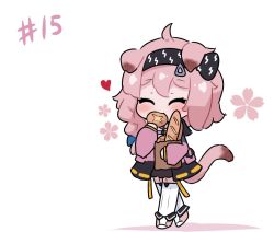 Rule 34 | 1girl, ^ ^, ahoge, animal ears, arknights, bag, baguette, black hairband, black jacket, black skirt, blush, bread, cat ears, cat girl, cat tail, closed eyes, colored shadow, commentary, eating, english commentary, food, garter straps, goldenglow (arknights), grocery bag, hairband, hand up, heart, holding, holding food, jacket, kurotofu, lightning bolt print, long sleeves, open clothes, open jacket, paper bag, pink footwear, pink hair, puffy long sleeves, puffy sleeves, shadow, shoes, shopping bag, skirt, sleeves past wrists, solo, tail, thighhighs, white background, white thighhighs