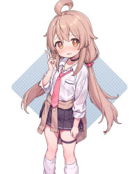 Rule 34 | 1girl, ahoge, black choker, black skirt, blush, breast pocket, brown eyes, brown sweater, choker, clothes around waist, collarbone, commentary, feet out of frame, gyaru, hair between eyes, highres, kogal, light brown hair, long hair, long sleeves, looking at viewer, loose necktie, loose socks, low twintails, luckyeldayo, miniskirt, necktie, onii-chan wa oshimai!, open mouth, oyama mahiro, parted lips, pink necktie, pleated skirt, pocket, shirt, simple background, skirt, sleeves rolled up, socks, solo, sweater, sweater around waist, thigh strap, twintails, v, very long hair, white shirt, white socks, wing collar