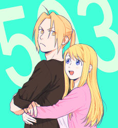Rule 34 | 1boy, 1girl, :d, black shirt, blonde hair, blue background, blue eyes, couple, earrings, edward elric, fingernails, frown, fullmetal alchemist, hanayama (inunekokawaii), happy, height difference, hetero, hug, hug from behind, jewelry, long hair, long sleeves, looking at another, looking back, looking up, open mouth, pink shirt, ponytail, serious, shirt, simple background, smile, upper body, winry rockbell, yellow eyes