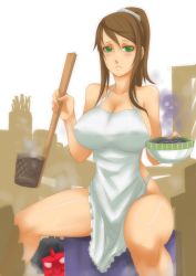 Rule 34 | 1girl, apron, blush, breasts, brown hair, cleavage, exaxuxer, food, green eyes, hot, huge breasts, ladle, long hair, mask, naked apron, noodles, original, poison, ponytail, scrunchie, sideboob, sitting, skull, solo, spread legs, sweat, tengu mask
