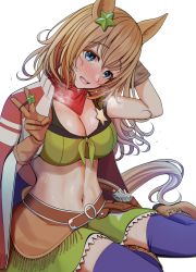 Rule 34 | 1girl, animal ears, arm up, belt, blue eyes, blue thighhighs, breasts, breath, brown hair, cape, cleavage, crop top, front-tie top, green shirt, green skirt, hair tie, highres, horse ears, horse girl, horse tail, large breasts, long hair, looking at viewer, midriff, miniskirt, navel, neckerchief, open mouth, revealing clothes, shirt, simple background, skirt, sleeveless, sleeveless shirt, smile, solo, stomach, sweat, taiki shuttle (umamusume), tail, thighhighs, thighs, turisasu, umamusume, v, white background, zettai ryouiki