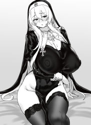Rule 34 | 1girl, blush, breasts, covered erect nipples, cross-shaped pupils, dress, habit, highres, houtengeki, large breasts, long hair, long sleeves, looking at viewer, nun, original, solo, symbol-shaped pupils, thighhighs, thighs