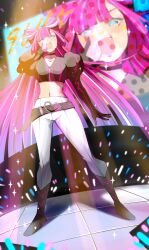 Rule 34 | absurdres, belt, blue eyes, bow, concert, cookie run, glowstick, h225097063, hair bow, happy, highres, humanization, long hair, multicolored hair, navel, open mouth, pants, personification, pink hair, pointing, pointing at viewer, purple hair, shining glitter cookie, smile, stage, stomach, two-tone hair, very long hair, white pants