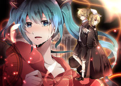 Rule 34 | 1boy, 2girls, aqua eyes, aqua hair, bad end night (vocaloid), bad id, bad pixiv id, black dress, black footwear, black jacket, blonde hair, bow, capelet, clock, crying, crying with eyes open, doll joints, dress, feathers, hair bow, hair ribbon, hatsune miku, jacket, joints, kagamine len, kagamine rin, lens flare, light particles, light rays, long dress, long hair, multiple girls, outstretched hand, red eyes, ribbon, shirt, shoes, short hair, short ponytail, socks, sparkle, tears, twintails, very long hair, vocaloid, yuken, yuken 52