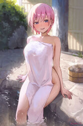 Rule 34 | 1girl, absurdres, artist name, bare hips, blurry, blurry background, blush, breasts, bucket, collarbone, commentary request, covered erect nipples, day, go-toubun no hanayome, hair between eyes, highres, large breasts, legs, looking at viewer, lower teeth only, medium hair, nakano ichika, naked towel, onsen, open mouth, pink hair, plant, purple eyes, sideboob, sitting, smile, soaking feet, solo, sooon, teeth, thighs, towel, twitter username, water, white towel, wooden bucket