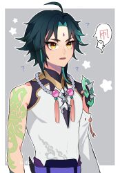 Rule 34 | 1boy, ?, ??, arm tattoo, bead necklace, beads, black hair, boo tao (genshin impact), border, facial mark, forehead mark, genshin impact, green hair, grey background, highres, jewelry, kh66gs, male focus, multicolored hair, necklace, open mouth, short hair, simple background, solo, star (symbol), tattoo, white border, xiao (genshin impact), yellow eyes