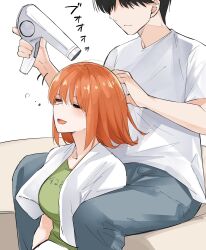 Rule 34 | 1boy, 1girl, :d, black hair, blue pants, breasts, closed eyes, couple, drying, drying hair, eyebrows hidden by hair, go-toubun no hanayome, green shirt, hair between eyes, hair dryer, hair focus, head out of frame, highres, holding, large breasts, mame1645, nakano yotsuba, open mouth, orange hair, pants, shirt, short hair, short sleeves, simple background, smile, towel, towel around neck, uesugi fuutarou, white background, white shirt