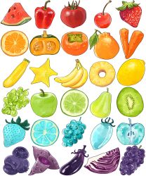 Rule 34 | apple, banana, bell pepper, carrot, cherry, eggplant, food, food focus, fruit, grapes, green apple, highres, kiwi (fruit), kiwi slice, lemon, miri illust, no humans, orange (fruit), orange slice, original, pepper, pineapple, pineapple slice, simple background, starfruit, sweet potato, tomato, watermelon, watermelon slice, white background
