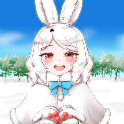 Rule 34 | animal ears, arctic hare (kemono friends), berry, blue bow, blue bowtie, blush, bow, bowtie, capelet, commentary request, curly hair, fur trim, highres, kemono friends, kemono friends 3, looking at viewer, mabuta (mbt), mittens, open mouth, rabbit ears, rabbit tail, red eyes, short hair, smile, tail, white capelet, white fur, white hair, white mittens