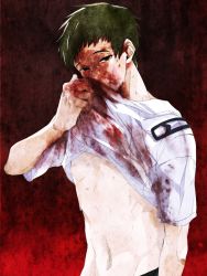 Rule 34 | 1boy, abs, artist request, blood, character request, gakkou de atta kowai hanashi, male focus, midriff, shirt, solo, t-shirt