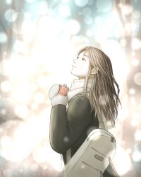 Rule 34 | 1girl, absurdres, backpack, bag, blurry, blurry background, brown eyes, brown hair, can, canned coffee, coat, commentary, drink can, english commentary, highres, kirian82033589, long hair, looking up, mittens, original, outdoors, scarf, solo, standing, white scarf