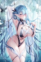 Rule 34 | 1girl, armpits, arms behind head, bare shoulders, bikini, blue hair, blush, braid, breasts, brooch, cleavage, commentary, elf, hair bun, hair ornament, halo, highres, jewelry, large breasts, long hair, looking at viewer, multi-strapped bikini, navel, original, pointy ears, purple eyes, see-through shawl, shawl, solo, sora 72-iro, swimsuit, thighs, very long hair, water, waterfall, wet