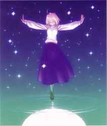 Rule 34 | 00s, 1girl, ahoge, arcueid brunestud, arms at sides, artist request, black pantyhose, blonde hair, closed eyes, dress, full moon, glitter, glowing, long skirt, long sleeves, moon, official art, outstretched arms, pantyhose, reflection, shoes, short hair, skirt, smile, solo, spread arms, sweater, takeuchi takashi, tsukihime, turtleneck, type-moon, water