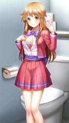 Rule 34 | 1girl, bare legs, bathroom, blazer, blush, bow, bowtie, bra, breasts, brown hair, cellphone, cleavage, collared shirt, doukyuusei another world, dress shirt, embarrassed, game cg, holding, holding phone, jacket, kakyuusei, long hair, long sleeves, medium breasts, miniskirt, official art, open clothes, open jacket, open shirt, partially unbuttoned, phone, pink bra, pleated skirt, purple bow, purple bowtie, red eyes, red jacket, red skirt, school uniform, selfie, shirt, skirt, smartphone, solo, standing, thigh gap, underwear, very long hair, white shirt, wing collar, yuuki mizuho
