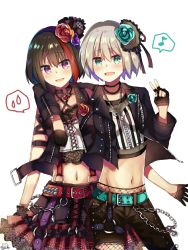 Rule 34 | aoba moca, aqua belt, aqua flower, aqua rose, arm around shoulder, arm strap, bang dream!, belt, black bow, black gloves, black hair, black jacket, black vest, bow, chain, choker, fingerless gloves, fishnets, flower, gloves, green eyes, grey hair, hair bow, hair flower, hair ornament, jacket, jewelry, matching outfits, midriff, mitake ran, multicolored hair, musical note, navel, necklace, nyacha (tya n ya), open clothes, open jacket, open mouth, open vest, red belt, red eyes, red flower, red hair, red rose, rose, shirt, short hair, simple background, skirt, smile, spoken musical note, spoken sweatdrop, streaked hair, striped clothes, striped shirt, studded belt, suspenders, sweatdrop, vest, white background