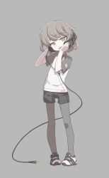 Rule 34 | 1girl, absurdres, audio jack, behind-the-head headphones, black shorts, black sleeves, cable, chromatic aberration, commentary request, fang, full body, grey background, grey eyes, grey hair, grey pantyhose, half-closed eyes, hands on headphones, hands up, hatoba tsugu, head tilt, headphones, highres, looking at viewer, mole, mole under eye, open mouth, pantyhose, raglan sleeves, raised eyebrows, shirt, shoes, short shorts, short sleeves, shorts, simple background, single hair ring, smile, sneakers, solo, standing, t-shirt, tanaka ahiru, tsugu (vtuber), virtual youtuber, white shirt