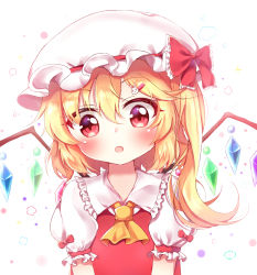 Rule 34 | 1girl, :o, ascot, blonde hair, blush, bow, rabbit hair ornament, commentary request, flandre scarlet, hair ornament, hairclip, hanen (borry), hat, hat bow, head tilt, highres, looking at viewer, mob cap, polka dot, polka dot background, puffy short sleeves, puffy sleeves, red eyes, red vest, short hair, short sleeves, side ponytail, simple background, solo, touhou, upper body, vest, white background, wings