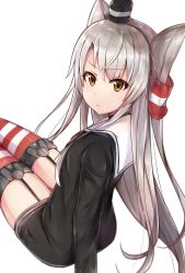 Rule 34 | &gt;:|, 10s, 1girl, :|, amatsukaze (kancolle), closed mouth, dress, garter straps, grey hair, hair tubes, hat, highres, kantai collection, long hair, long sleeves, looking at viewer, looking back, mini hat, sailor collar, sailor dress, simple background, sitting, solo, striped clothes, striped thighhighs, thighhighs, two side up, v-shaped eyebrows, white background, yellow eyes, zhi zhi/zu zu