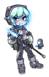 Rule 34 | 1girl, alien, aqua hair, black eyes, black footwear, black gloves, bodysuit, boots, breasts, cleft of venus, colored skin, creature and personification, energy weapon, full body, gigazapper, gloves, grey skin, helmet, holding, holding polearm, holding weapon, knee boots, no nose, nyong nyong, personification, polearm, reference inset, short hair, simple background, small breasts, solo, space helmet, spear, standing, terraria, torn bodysuit, torn clothes, uncensored, weapon, white background