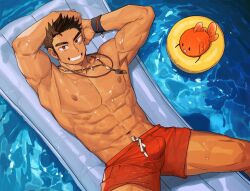 Rule 34 | 1boy, abs, bara, bracelet, brown hair, bulge, dark-skinned male, dark skin, feet out of frame, fish, from above, goldfish, gondom, grin, highres, innertube, jewelry, large pectorals, long sideburns, looking at viewer, male focus, male swimwear, muscular, muscular male, navel, necklace, nipples, original, pectorals, red eyes, red male swimwear, short hair, sideburns, smile, solo, spread legs, stomach, swim ring, swim trunks, thick eyebrows, thick thighs, thighs, tooth necklace, topless male, wet