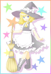 Rule 34 | 1girl, apron, ascot, bad id, bad pixiv id, black footwear, black hat, blonde hair, blue eyes, boots, bow, braid, dress, ellipsis (mitei), fingernails, frilled skirt, frills, full body, hair bow, hat, hat bow, highres, holding, kirisame marisa, legs, looking at viewer, open mouth, ribbon, shoes, short hair, short sleeves, side braid, simple background, skirt, solo, star (symbol), touhou, waist apron, white bow, witch, witch hat