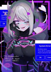 Rule 34 | 1girl, black bodysuit, bob cut, bodysuit, breasts, cape, clothing cutout, commission, detached horns, evil smile, gradient hair, gradient horns, hair intakes, hand on own face, headphones, highres, holographic horns, horns, indie virtual youtuber, l0 vhs, large breasts, looking at viewer, medium hair, motherv3, multicolored eyes, multicolored hair, multicolored horns, neon trim, pink horns, purple cape, purple eyes, purple horns, skeb commission, smile, solo, tail, tail through clothes, thick eyelashes, two-tone eyes, virtual youtuber