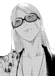 Rule 34 | 1boy, black jacket, black nails, blonde hair, cigarette, collarbone, fate/grand order, fate (series), highres, holding, holding cigarette, jacket, long hair, looking at viewer, male focus, monochrome, noah (livas), open clothes, open jacket, simple background, solo, sunglasses, tezcatlipoca (fate), tinted eyewear, upper body, white background