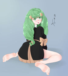 Rule 34 | 1girl, barefoot, blush, ethan(33327245), feet, female focus, fire emblem, fire emblem: three houses, flayn (fire emblem), green eyes, green hair, hair ornament, highres, kneeling, legs, long hair, looking at viewer, looking back, matching hair/eyes, nintendo, open mouth, sitting, smile, soles, solo, toes