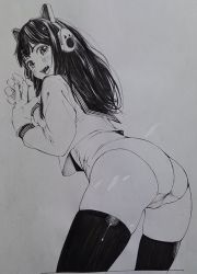 Rule 34 | 1girl, animal ear headphones, animal ears, ass, blouse, blush, cat ear headphones, commentary request, cowboy shot, cropped legs, crotch seam, fake animal ears, from behind, gagaimo, gloves, greyscale, headphones, highres, leaning forward, long hair, long sleeves, looking at viewer, looking back, monochrome, no pants, one-piece swimsuit, open mouth, original, photo (object), school uniform, serafuku, shirt, skindentation, smile, solo, standing, swimsuit, swimsuit under clothes, thighs, traditional media