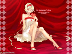 Rule 34 | 1girl, argyle, bare shoulders, blonde hair, candy, collarbone, dress, english text, engrish text, eyeshadow, food, full body, hairband, heart, high heels, holding, holding heart, legs, lipstick, looking to the side, makeup, midori foo, nail polish, original, ranguage, red hairband, red lips, red nails, short hair, sitting, solo, strapless, strapless dress, valentine, wavy hair