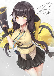 Rule 34 | 1girl, arm at side, arm up, black gloves, black hair, black skirt, collared shirt, dated, fingerless gloves, girls&#039; frontline, gloves, grey background, heterochromia, holding, holding megaphone, index finger raised, jacket, lanyard, long hair, looking at viewer, megaphone, multicolored hair, open mouth, orange eyes, pleated skirt, red eyes, ro635 (girls&#039; frontline), shirt, signature, simple background, skirt, solo, strap, streaked hair, sweater, twintails, twitter username, unel1211, white hair, yellow eyes
