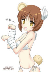 Rule 34 | 1girl, :o, animal ears, bandaged arm, bandaged ear, bandages, bare shoulders, bear ears, bear girl, bear tail, bikini, boko (girls und panzer), boko (girls und panzer) (cosplay), breasts, brown eyes, brown hair, cosplay, dated, fang, flipper, girls und panzer, hair between eyes, hands up, navel, nishizumi miho, open mouth, paw pose, short hair, side-tie bikini bottom, simple background, skin fang, small breasts, solo, swimsuit, tail, translation request, white background, white bikini