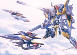 Rule 34 | aircraft, airplane, akamiho, beam cannon, cloud, commentary request, core fighter, energy gun, fighter jet, flying, gundam, jet, lens flare, mecha, military, military vehicle, no humans, partial commentary, robot, shield, sun, twitter username, v2 gundam, victory gundam, weapon