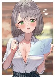 Rule 34 | 1girl, absurdres, blush, breasts, cleavage, collared shirt, green eyes, grey hair, hair between eyes, highres, holding, hololive, large breasts, looking at viewer, medium hair, mugicho (kdks5554), parted lips, shirogane noel, shirogane noel (school uniform), shirt, solo, sweat, upper body, virtual youtuber, white shirt