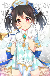Rule 34 | 10s, 1girl, angel wings, bad id, bad pixiv id, black hair, bow, character name, dated, dorisu2, gloves, hair bow, happy birthday, hat, highres, instrument, long hair, love live!, love live! school idol festival, love live! school idol project, red eyes, smile, solo, trumpet, twintails, wings, yazawa nico