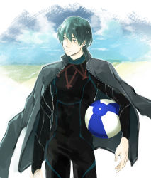 Rule 34 | 1boy, artist request, bad id, bad twitter id, ball, beach, beachball, black wetsuit, blue eyes, bodysuit, byleth (fire emblem), byleth (male) (fire emblem), cape, closed mouth, diving suit, fire emblem, fire emblem: three houses, fire emblem heroes, green hair, holding, holding ball, holding beachball, male focus, nintendo, sand, short hair, smile, swimsuit, well kb, wetsuit, white background