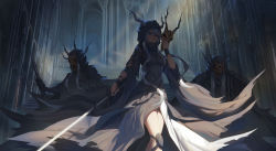 Rule 34 | 1girl, 2others, absurdres, arknights, bandaged hand, black cloak, black dress, blue eyes, breasts, chinese commentary, cloak, commentary request, dress, highres, holding, holding mask, holding sword, holding weapon, hood, hood up, hooded cloak, horns, indoors, jewelry, knee pads, kumachi, long hair, mask, unworn mask, medium breasts, multiple others, pendant, shadow, shining (arknights), silver hair, standing, sword, thigh strap, weapon