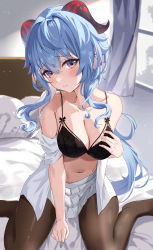 Rule 34 | 1girl, absurdres, ahoge, bare shoulders, bed, blue hair, blush, bra, breasts, cleavage, collarbone, curtains, ganyu (genshin impact), genshin impact, goat horns, highres, horns, lace, lace-trimmed bra, lace trim, large breasts, long hair, looking at viewer, multicolored eyes, navel, on bed, open clothes, open shirt, pantyhose, parted lips, pillow, pleated skirt, purple eyes, shirt, sidelocks, sitting, skirt, solo, sunlight, underwear, wariza, wavy hair, white shirt, white skirt, window, yamamoto (ymmt is sexy)
