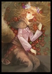 Rule 34 | 1girl, animal ears, apple, brown hair, capelet, flower, food, fruit, hair flower, hair ornament, holo, long hair, lying, red eyes, solo, spice and wolf, tail, vetina, wolf ears, wolf tail