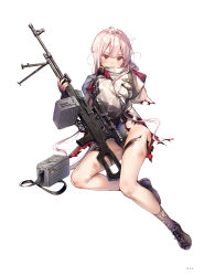 Rule 34 | 1girl, black gloves, dsmile, fingerless gloves, fingernails, full body, girls&#039; frontline, gloves, gun, highres, holding, holding weapon, hood, hood down, jacket, leotard, long hair, long sleeves, looking away, machine gun, nail polish, page number, pink hair, purple eyes, scope, shoes, simple background, socks, solo, thigh strap, thighs, torn clothes, torn leotard, ukm-2000 (girls&#039; frontline), weapon, white background