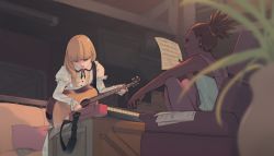 Rule 34 | 2girls, blonde hair, blurry, blurry foreground, brown eyes, brown hair, carole &amp; tuesday, carole stanley, couch, dark-skinned female, dark skin, dress, earrings, guitar, hair ornament, highres, indoors, instrument, jewelry, jiankun yu, keyboard (instrument), lipstick, makeup, multiple girls, music, overalls, plant, potted plant, sheet music, shirt, sleeveless, smile, tuesday simmons, white dress, white shirt